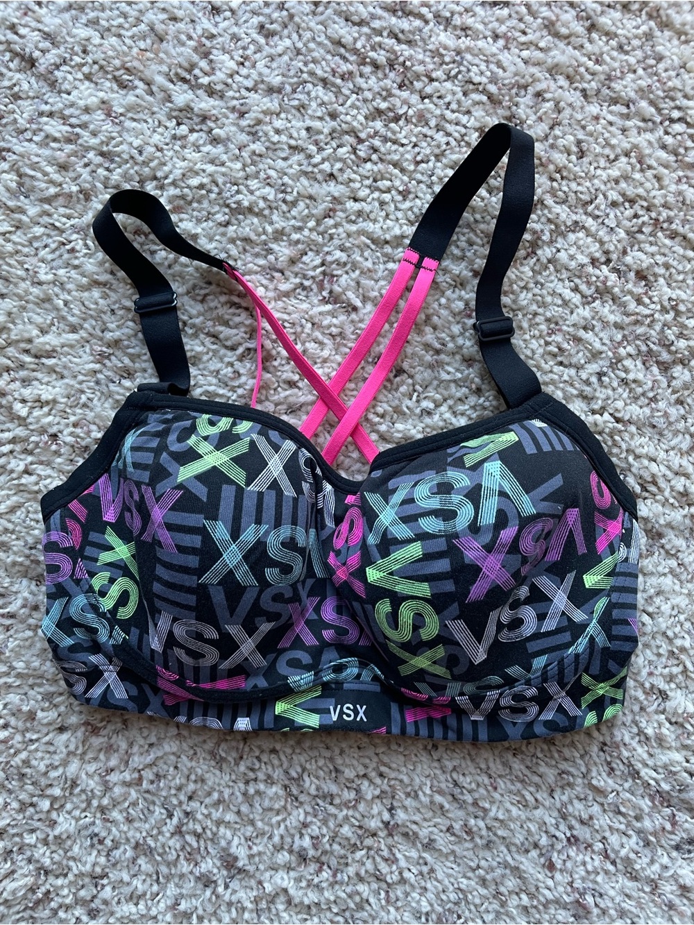 VICTORIA’S SECRET Black Neon Logo Sports Bra with Pink Straps Size 32DD